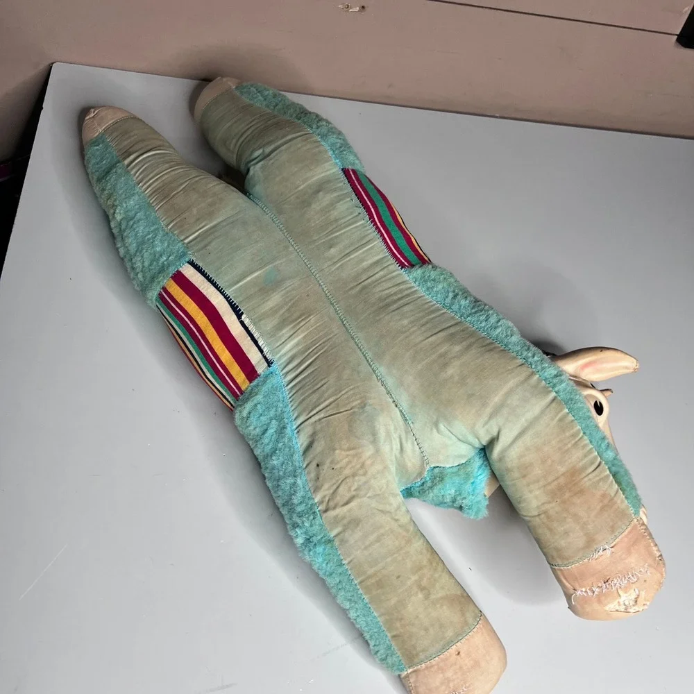 Vintage 1950s Carnival Prize Plush Horse‎ Rubber Head Teal Blue Striped Saddle